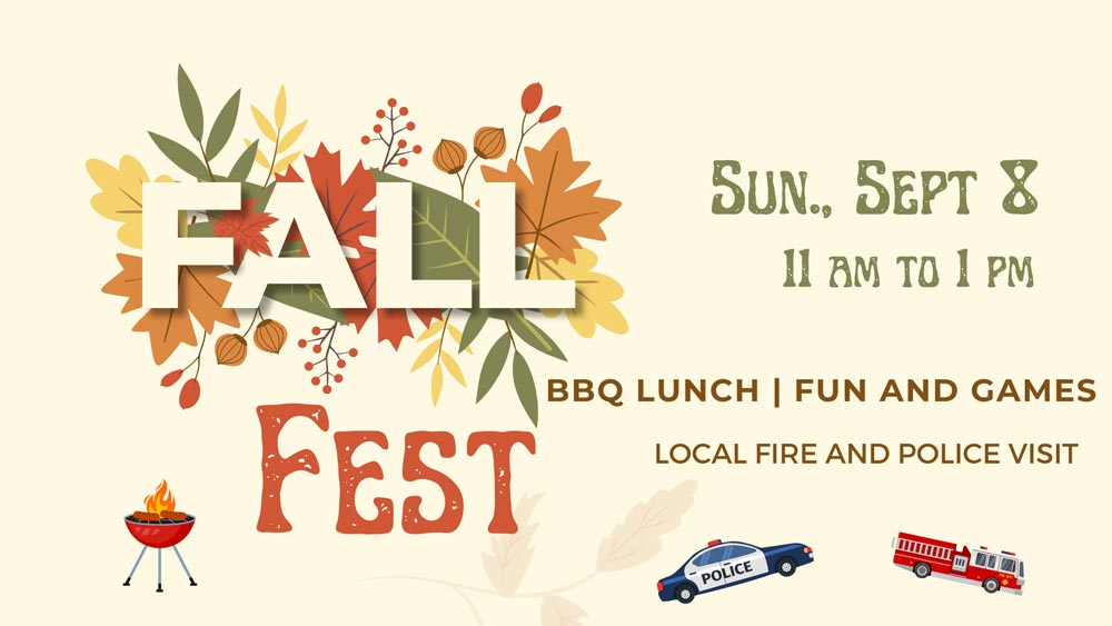 Fall Fest Graphic with Sept 8, grill , fall leaves, fire truck, police car 