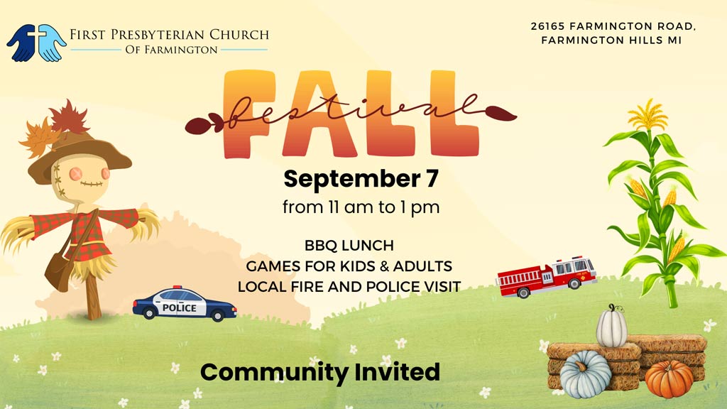 Fall Fest graphic with scarecrows, police car, and fire truck and Date Sept 7