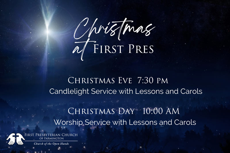 A graphic with a star with the times of first Presbyterian's Christmas services 