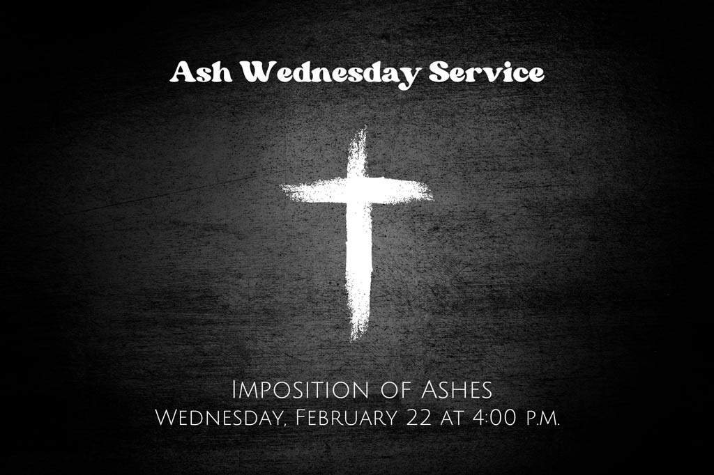 Ash Wednesday Service graphic with dark background and white cross 