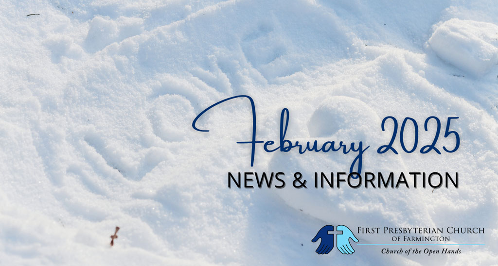 The word "LOVE" written in the snow with February 2025 News and Information overlaid.