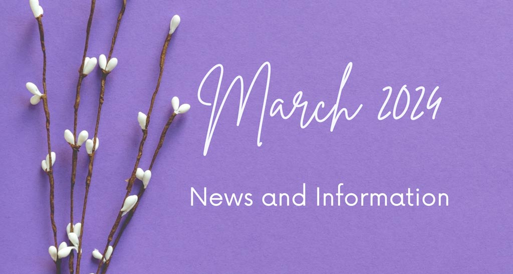 March 2023 News and Information graphic with pussy willow branch