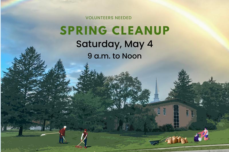 People cleaning up the grounds of the church