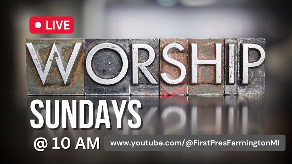 Photo of word "Worship" with 10 am and live icon and youtube link