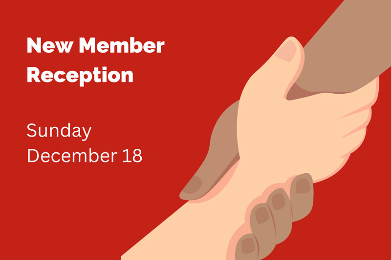 New member reception graphic with two hands shaking