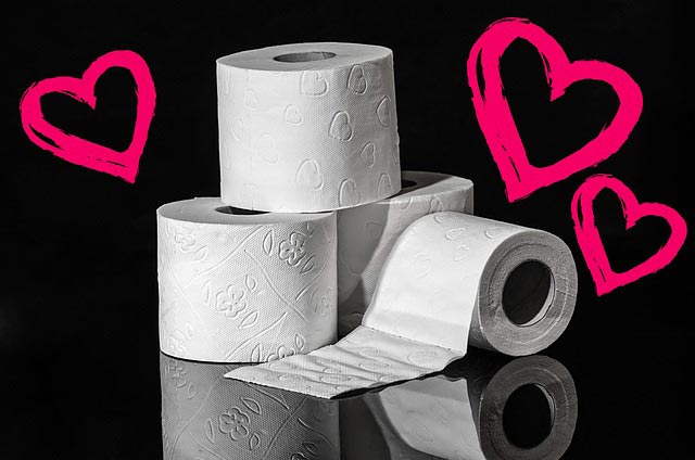 Rolls of toilet paper and hearts representing the collection for toilet paper