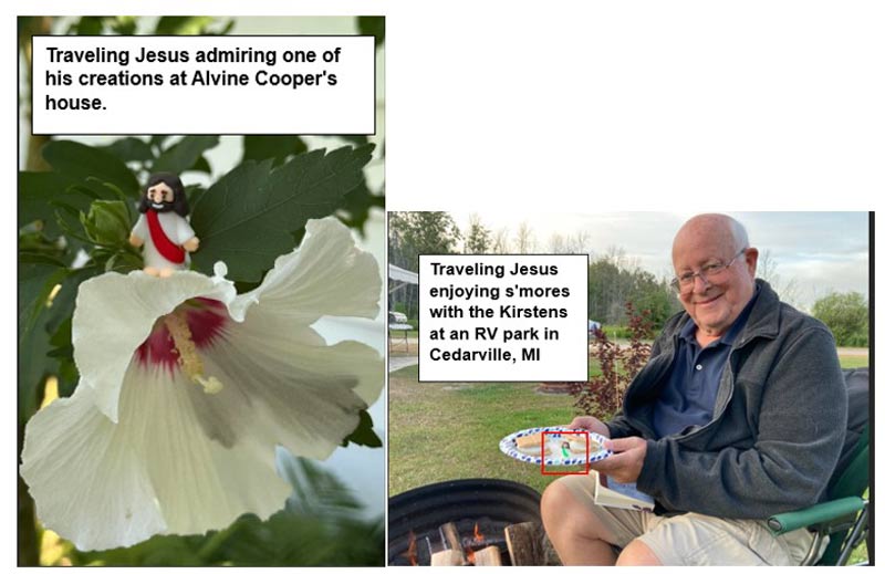 Photos of rose of sharon and a member with the little traveling Jesus statue